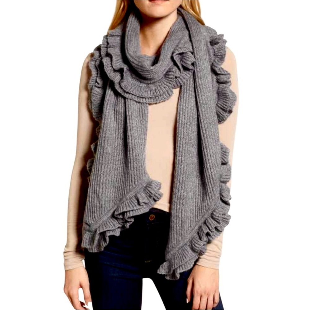 Rebecca Minkoff Ruffle Knit Muffler Scarf Gray 100% Acrylic Soft Cozy Wrap Women